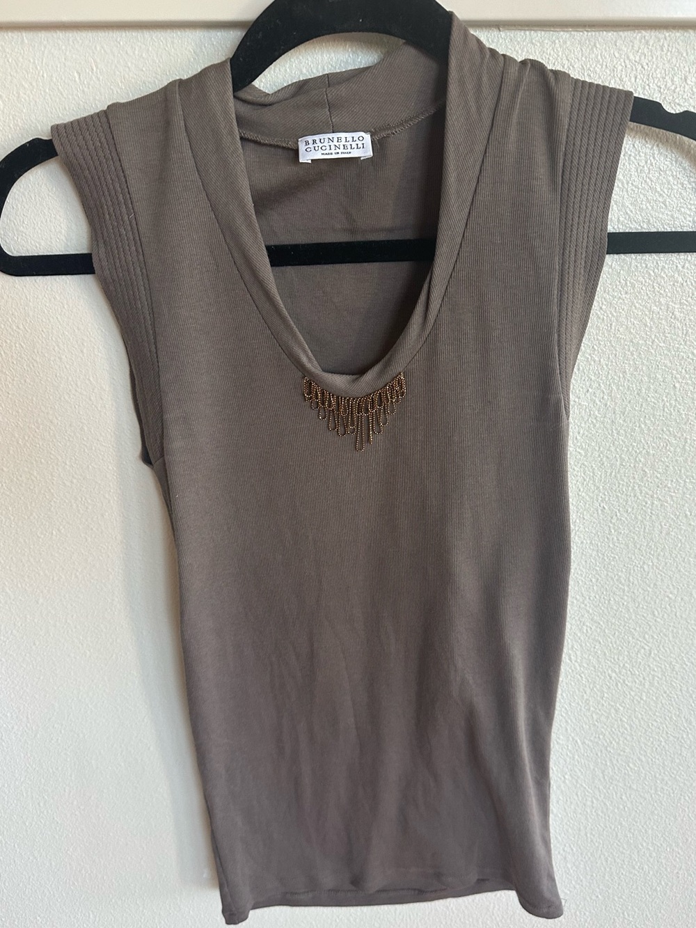Brunello Cucinelli Taupe Sleeveless Drape Neck Embellished Chain Top XS